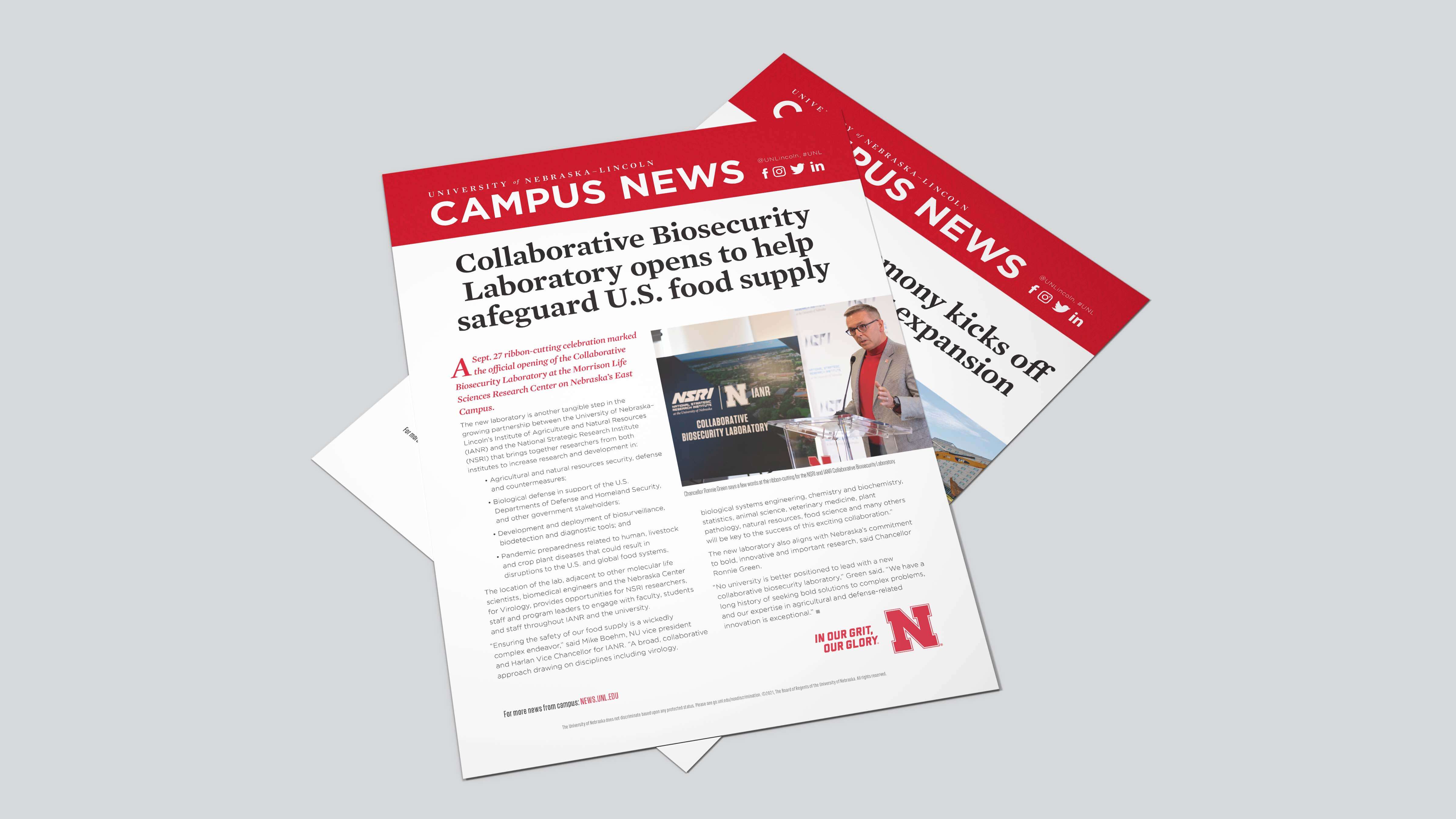 Mockup of campus news ads with multiple articles stacked in pile