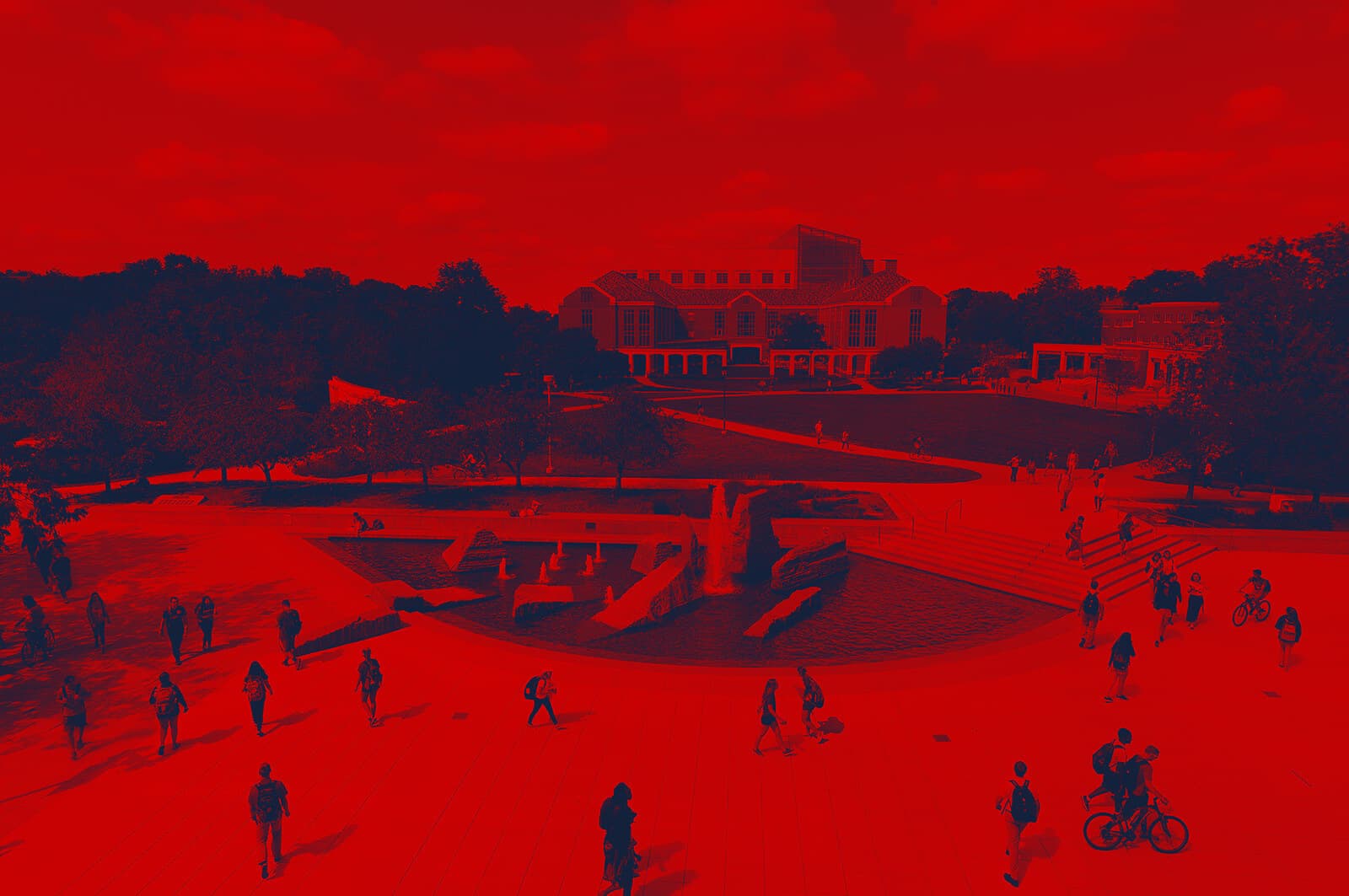 red and blue duotone image of the union fountain greenspace