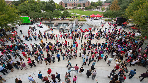 Students gathered outside the Student Union