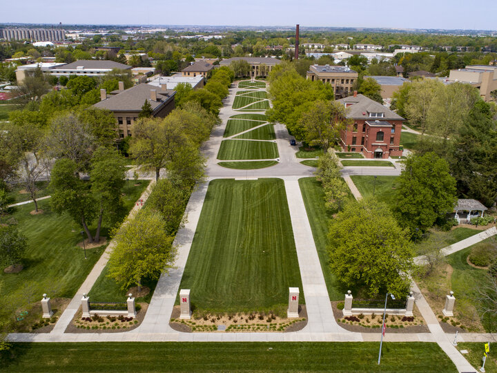 Aerial view of the East Campus Mall looking north