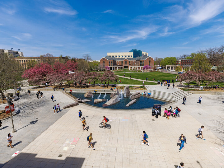 View of Broyhill Fountain and green space from the top of Nebraska Union