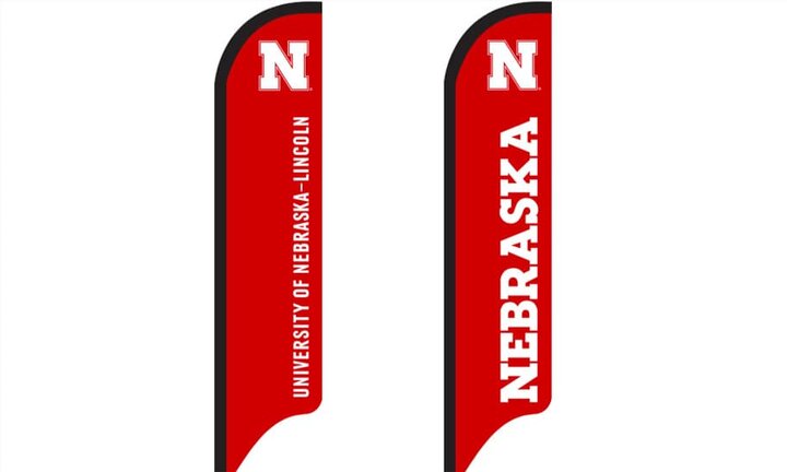 UNL branded white text on red background vertical banner flags