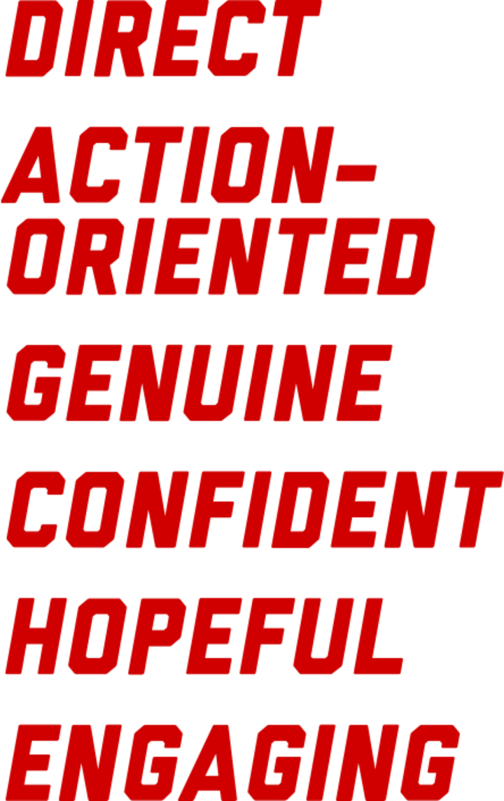 Brand statement voice writing words including direct action-oriented genuine confident hopeful engaging