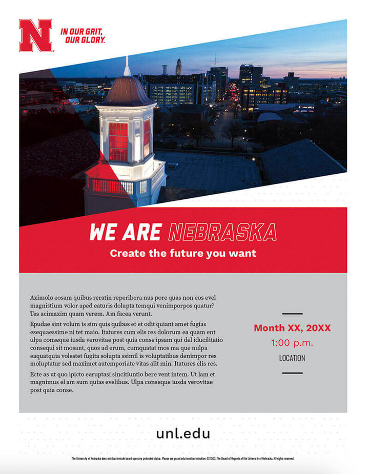 Library cupola themed poster, flyer, postcard template with UNL N logo.