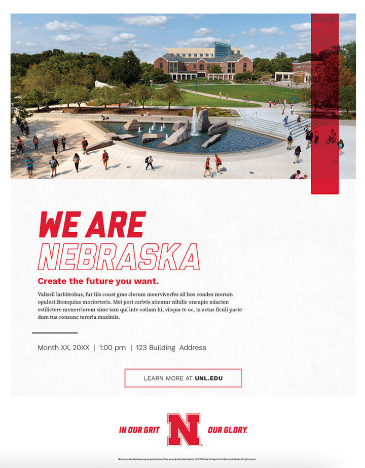 A Student Union fountain themed poster, flyer, postcard template with UNL N logo.