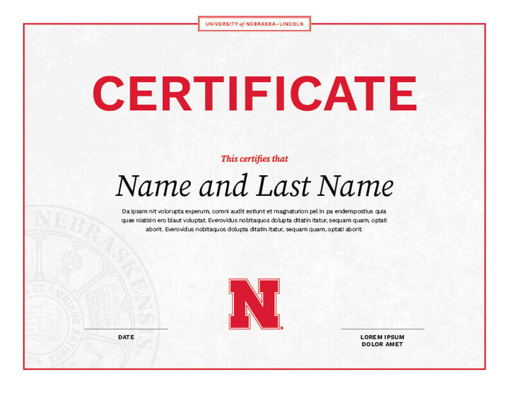 A certificate horizontally orientated template with UNL N logo