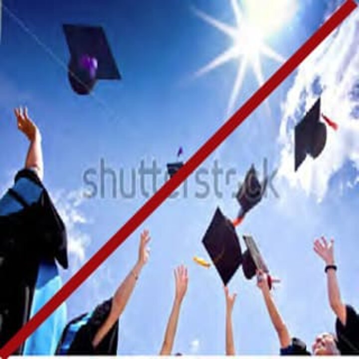 Hands throwing up mortar boards into the sky with a red line through the photo