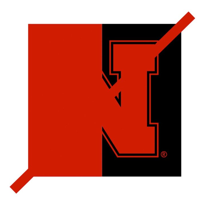 N logo on half red half black background with red strike thru line