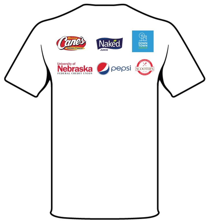 Back of white T-shirt sample with sponsor logos