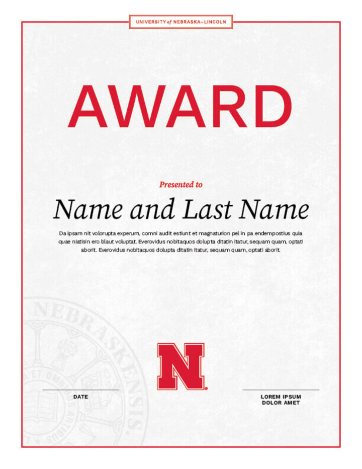 An Award vertically orientated template with UNL N logo